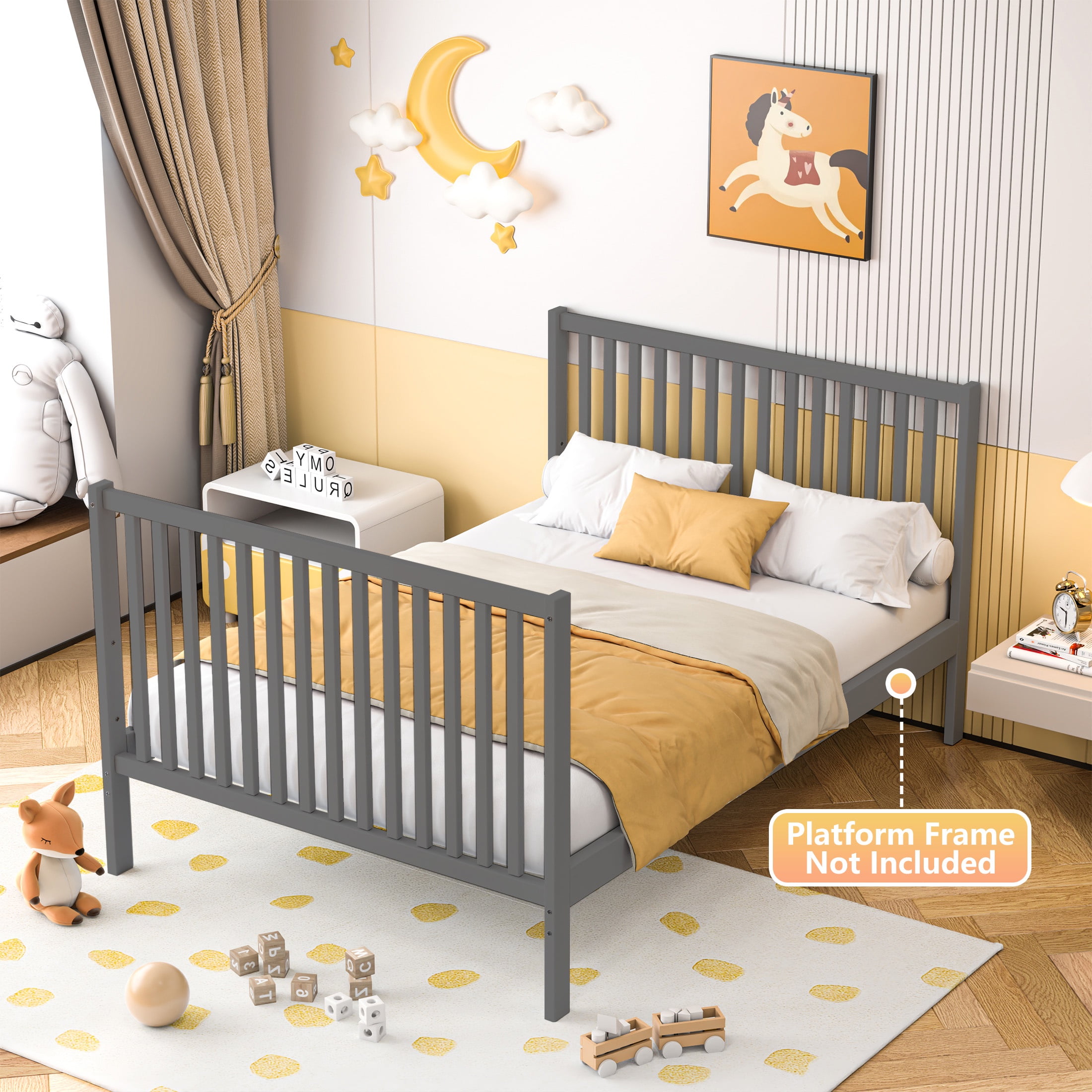SESSLIFE 5-In-1 Convertible Crib, Gray Baby Bed, Converts from Baby Crib to Toddler Bed, Fits Standard Full-Size Crib Mattress(Not Included)