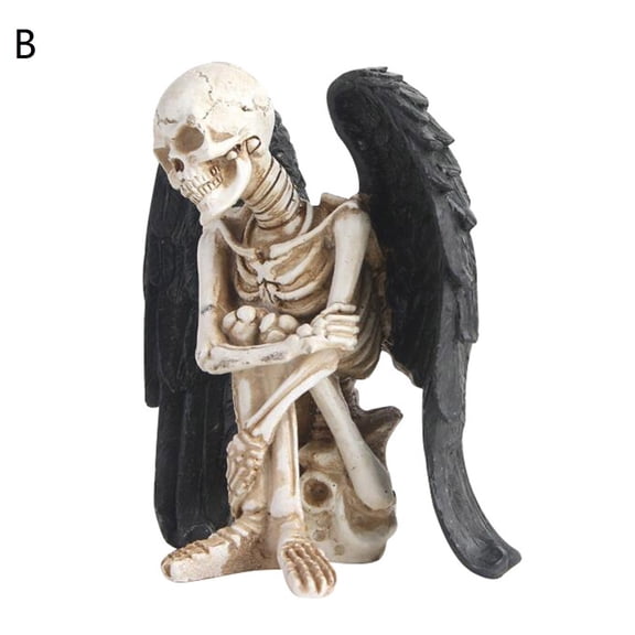 BNNG Creative Black Wings Skull Figurine Gothic Kneeling Winged Skeletons Figurine for Desktop Decor Halloween Artistic Skull Decoration