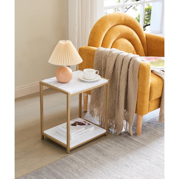 Kings Brand Furniture - Side End Table with White Faux Marble Storage Shelves & Gold Metal Frame, Nightstand for Bedroom, Living Room, or Modern Accent Table