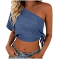 thumbnail image 2 of Women's One Shoulder Tops Short Sleeve Crop Top with Tie Side Textured Breathable Summer Blouse Navy M, 2 of 7
