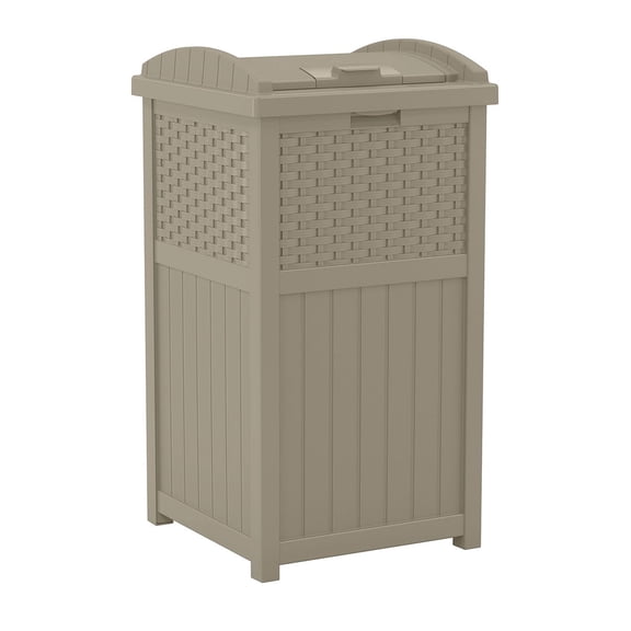 Suncast Resin Wicker Hideaway Outdoor Trash Can with Latching Lid, Dark Taupe