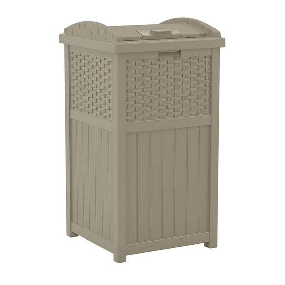 Suncast Poubelle Extérieure en Résine Tressée avec Couvercle à Loquet, Taupe Foncé