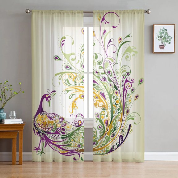 Peacock Feather White Print Sheer Window Panel Curtains Room for Living Room Bedroom Kitchen Room Chiffon Tulle Curtains