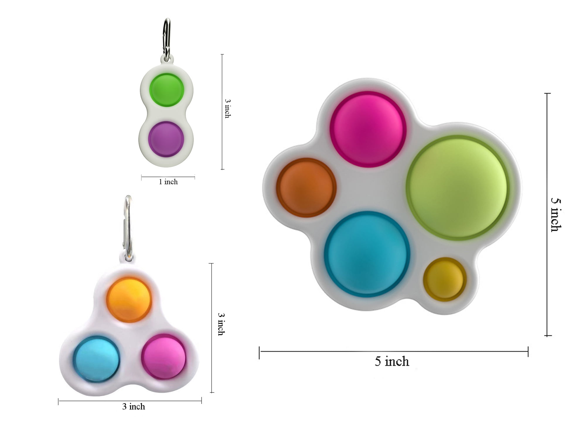 2 Pack Three Button Pop Sensory Keychain Toy (Orange/Green/Pink and Green/Pink/Blue)