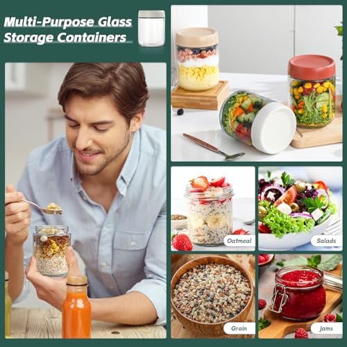 Set of 4 Glass Overnight Oats Jars with Lids, 16oz Reusable Meal Prep Containers for Chia Pudding, Baby Food, and Portable Breakfast To-Go