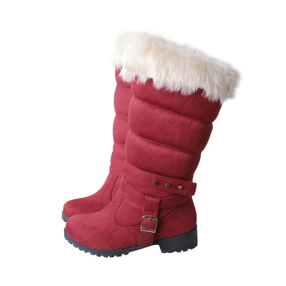 gakvbuo Snow Boots For Women Mid-Calf Boots Thickened Cotton Belt Buckle Low Heeled Round Toe Solid Color Mid Length Snow Boots
