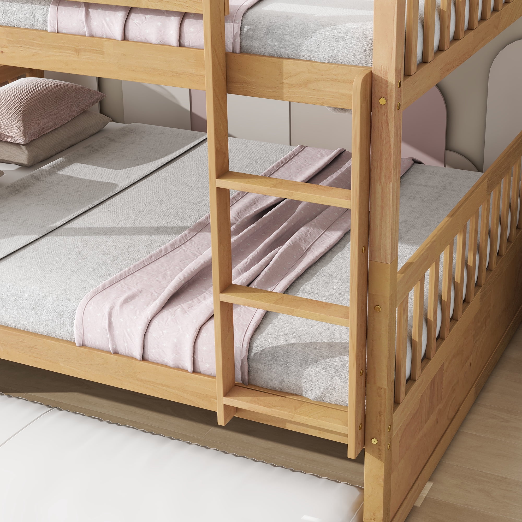 Alvantor Full Over Full Wood Bunk Bed Convertible with Trundle Ladder and Guardrail, Natural