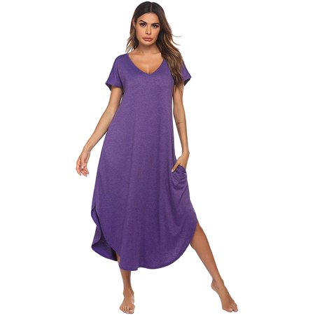 

Women s Sleepwear Casual V Neck Nightshirts Short Sleeve Long Nightgown S-XXL