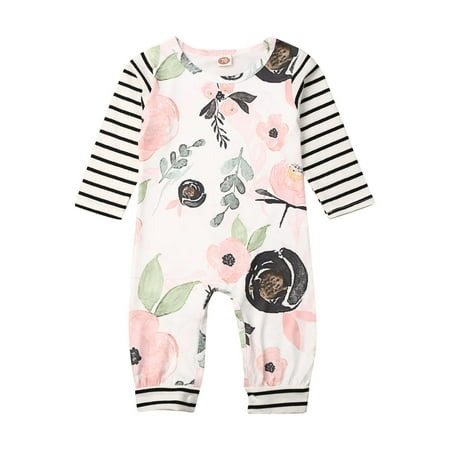 

Douhoow Spring Newborn Baby Girl Bodysuits Flower Striped Romper Long Sleeves Jumpsuit 0-18M
