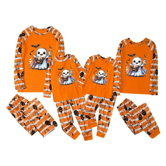 JURANMO Family Matching Halloween Pajamas Sets Long Sleeve Happy Halloween Ghost Print 2 Piece Pjs Funny Holiday Sleepwear Jammies Sleepwear Loungewear Deals of The Day 06-Orange#Mom XXL