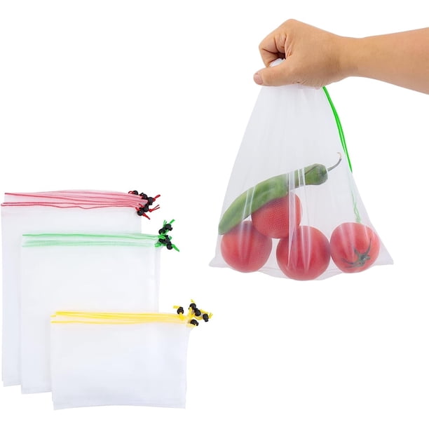 Bolsas de Productos de Bolsa Reutilizables S, M, L. Bolsa de 15 Bolsas Reutilizables Blancas con Cordones Coloridos para Verduras, Frutas, Juguetes. Bolsas de Productos Resistentes Reutilizables, 5 Pequeñas, 5 Medianas, 5 Bolsas Grandes