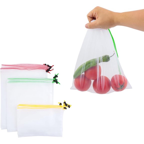 Reusable Mesh Produce Bags S, M, L. Pack of 15 White Reusable Bags with Colorful Drawstrings for Vegetables, Fruits, Toys. Reusable Heavy Duty Produce Bags, 5 Small,5 Medium, 5 Large bags