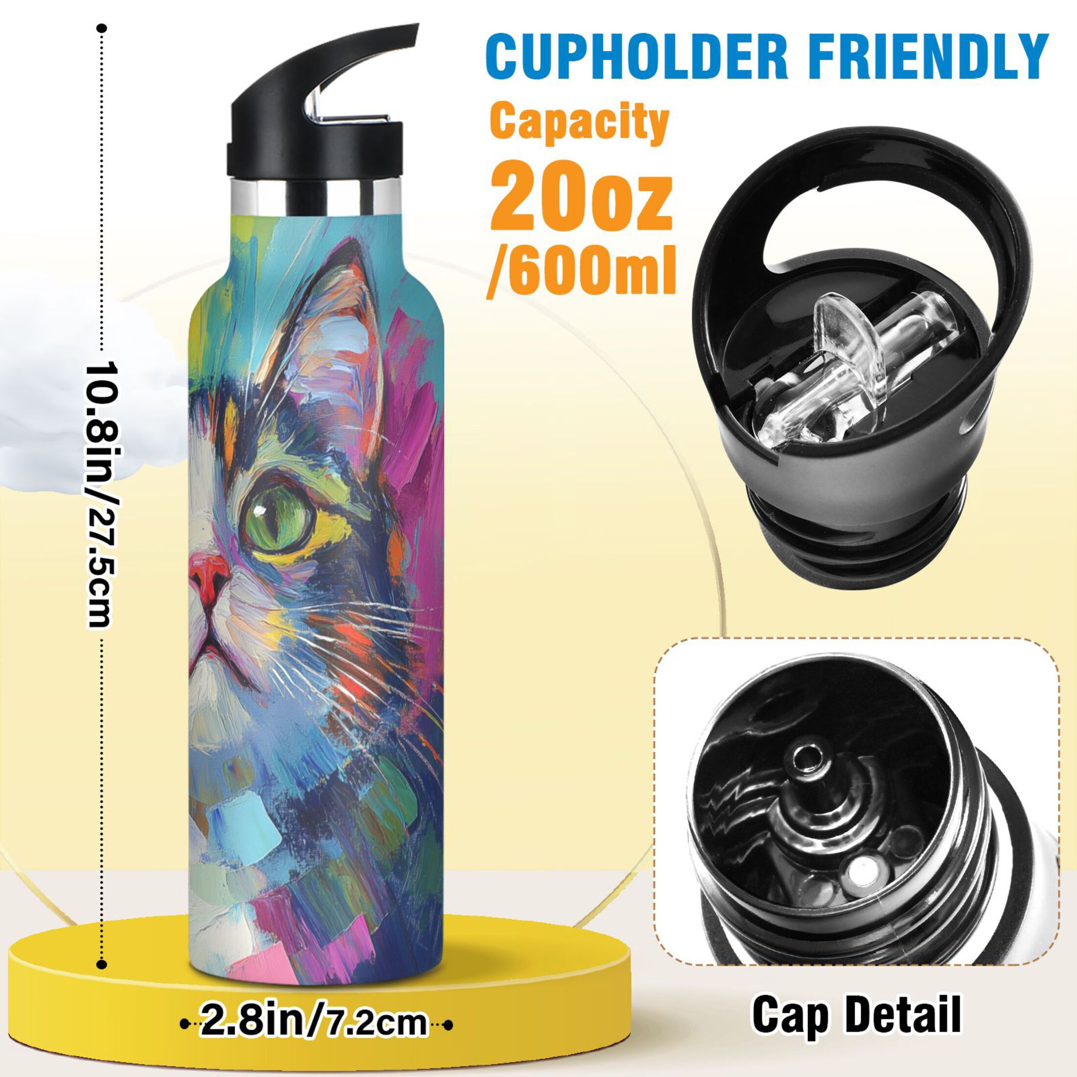 600ML Stainless Steel Insulated Cup Sports Water Bottle Portable Thermos Cup Water Glasses Insulated Tumblers Convenient and Durable Look Up Cat
