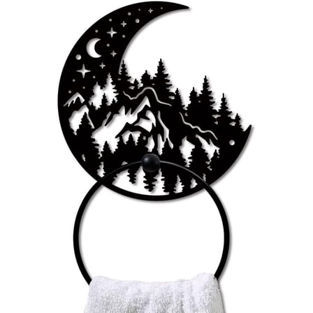 Moon Forest Metal Towel Ring Mountain Landscape Towel Holder Moon Star Towel Ring Black Art Towel Rack Wall Mounted