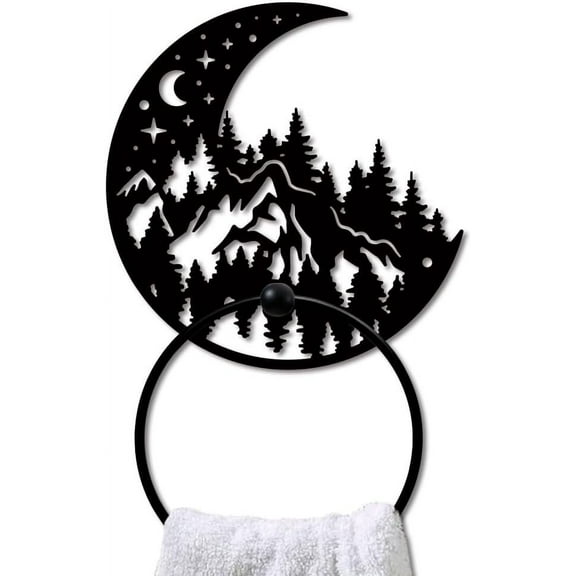 Moon Forest Metal Towel Ring Mountain Landscape Towel Holder Moon Star Towel Ring Black Art Towel Rack Wall Mounted