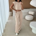 thumbnail image 2 of Women's Casual Suit Set Spring Summer Round Neck Shoulder Padded Trousers Outfit Pure Color Work Daily Wear Comfortable Stretchy Pant, 2 of 2