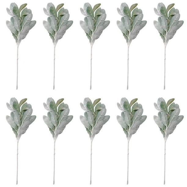 10 piezas de hojas de oreja de cordero artificiales flocadas Tallos polvorientos Hojas de roble flocadas Hoja de oreja de cordero para el hogar Boda DIY