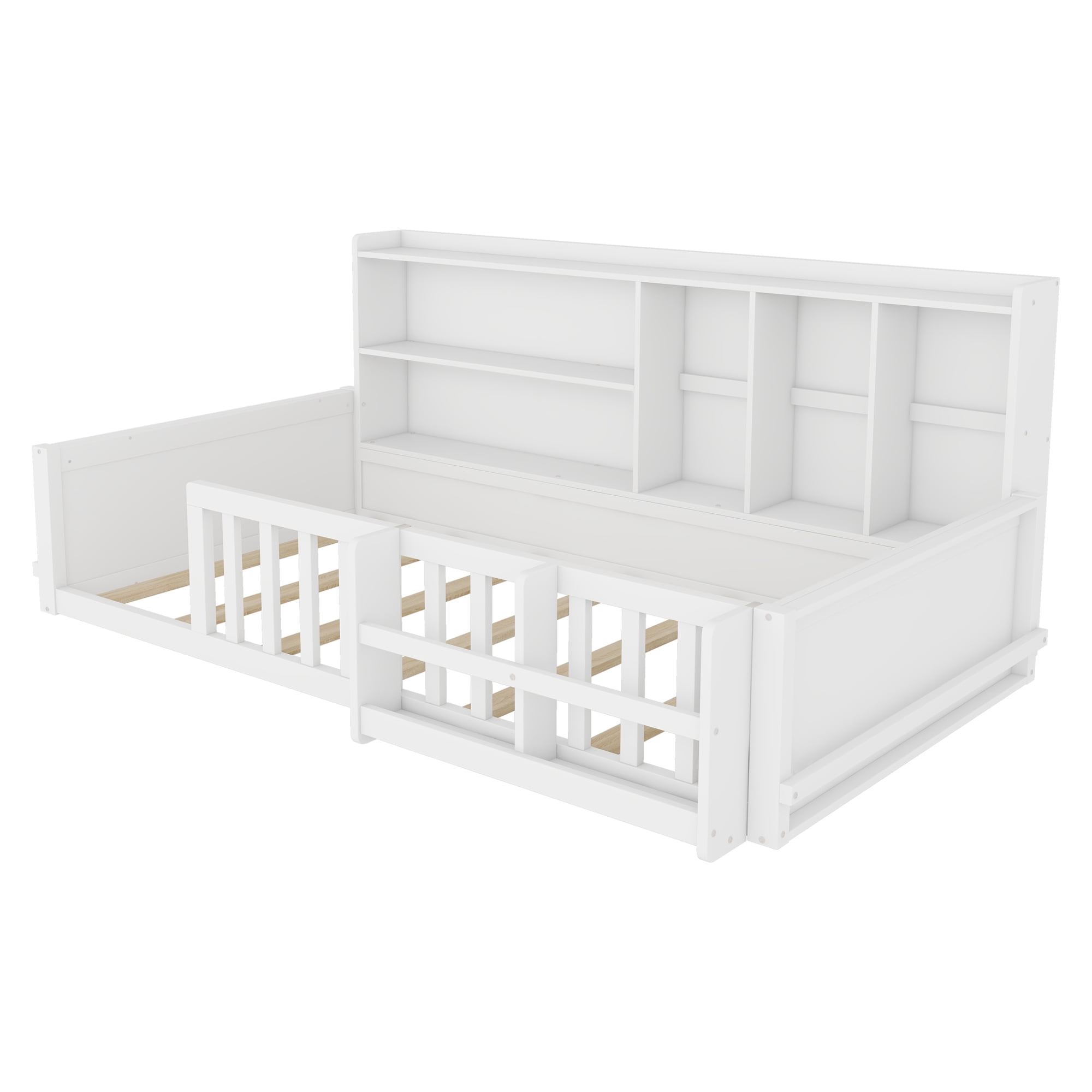 Mintazer Twin Size Montessori Floor Bed with Bookshelf & Guardrails, Kids Platform Bed Frame with Storage Cubbies for Bedroom, White