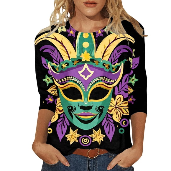 MSJUHEG Mardi Gras Shirts for Women,carnival Outfits Blouse,mask Pattern,women's 3/4 Sleeve Crew Neck Top Going Out Tops for Women,mardi Gras Clothes Dark Blue2xl