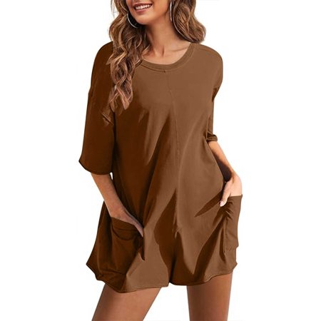 aidice Summer Jumpsuits for Women Casual Round Neck 1/2 Sleeve Comfy Loose Oversized Shorts Rompers