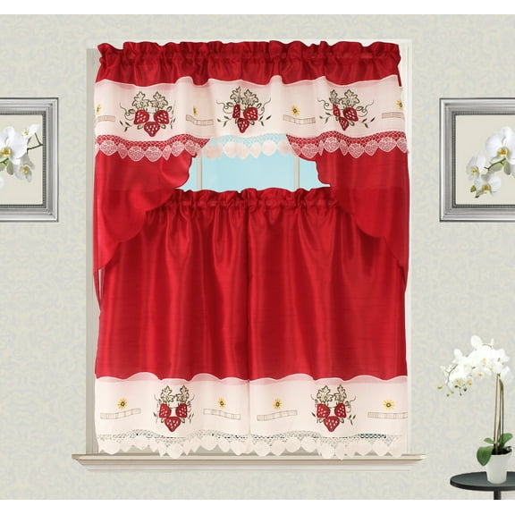 Strawberry Macrame Embroidery Design Kitchen Curtain with Swag and Tier Set 36 inch Red and Cream Color