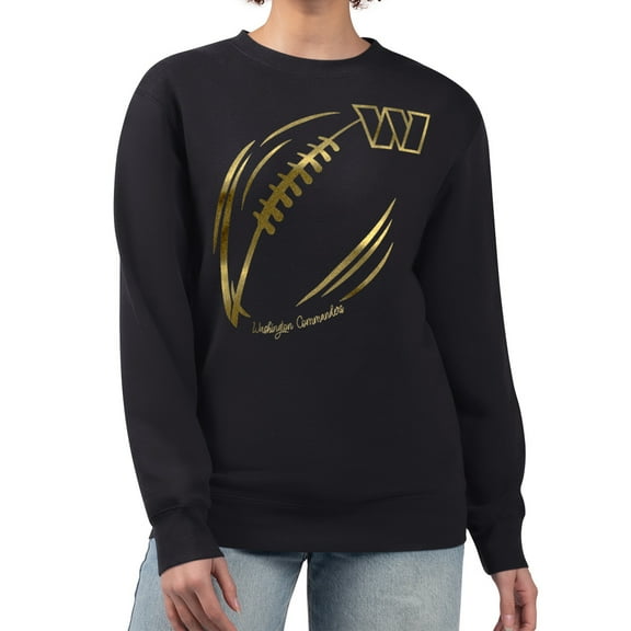 Women's G-III 4Her by Carl Banks Black Washington Commanders Metallic Print Football Sketch Fleece Crewneck Sweatshirt