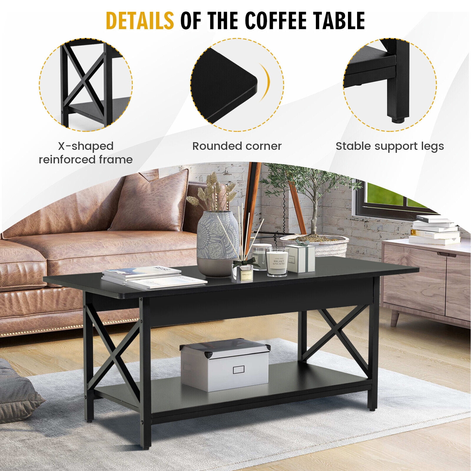 Gymax Coffee Table Industrial 2-Tier w/ Storage Shelf &Storage Shelf for Living Room Black