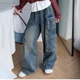thumbnail image 2 of CPNG Teen Girls Solid Color Baggy Leg Wide Leg Cargo Denim Pants Trendy Loose Casual Denim High Waist Cargo Jeans(Light Blue,15-16 Years), 2 of 7