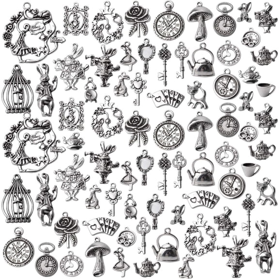 40pcs Alice in Wonderland Charm Alloy Tales Tea Party Steampunk Victorian Necklace Bracelet Charms Pendants for DIY Jewelry Making Crafts Supplies, Antique Silver