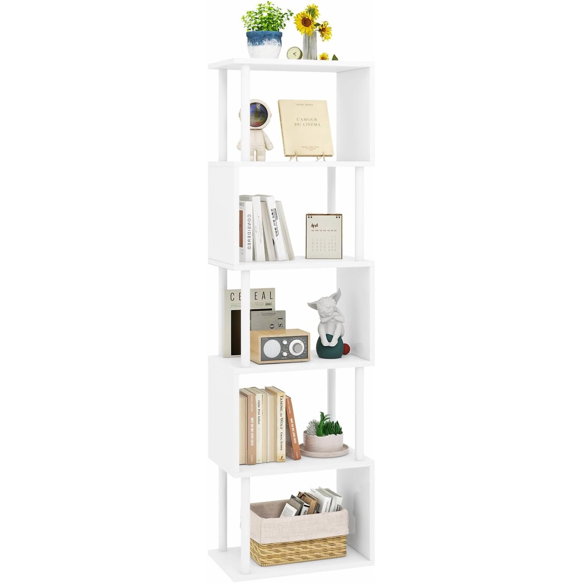 6-Tier Tall Bookshelf S-Shaped Geometric Bookcase White WBC016W | Wood Display Shelves with Storage Industrial Decorative Storage Shelving for Living Room Bedroom Home Office