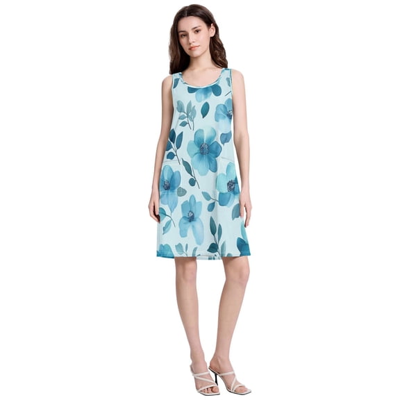 Women's Casual Sleeveless All Over Print Dress Loose A Line Flowy Dresses with Pockets Cartoon Teal Flowers S