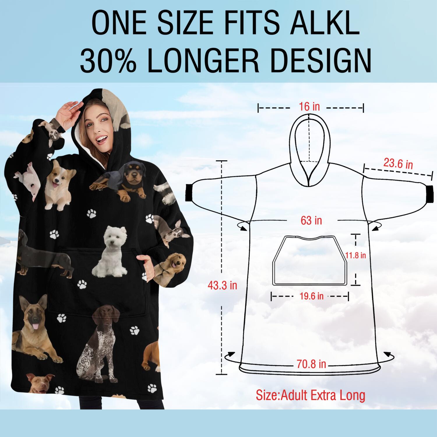 Oversized Wearable Blanket Hoodie,Dog Breeds Sherpa Blanket Hoodie with Super Pockets,Super Warm Fuzzy Pullover for Women & Men