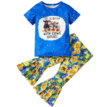

2DXuixsh Girls Clothes Size 7/8 Outfits Toddler Girls Short Sleeves Kids Cow Head Top Letters Prints Outfits Set Bell Bottom Pants Flared Girls Outfits Set Matching Bow Blue Size 80
