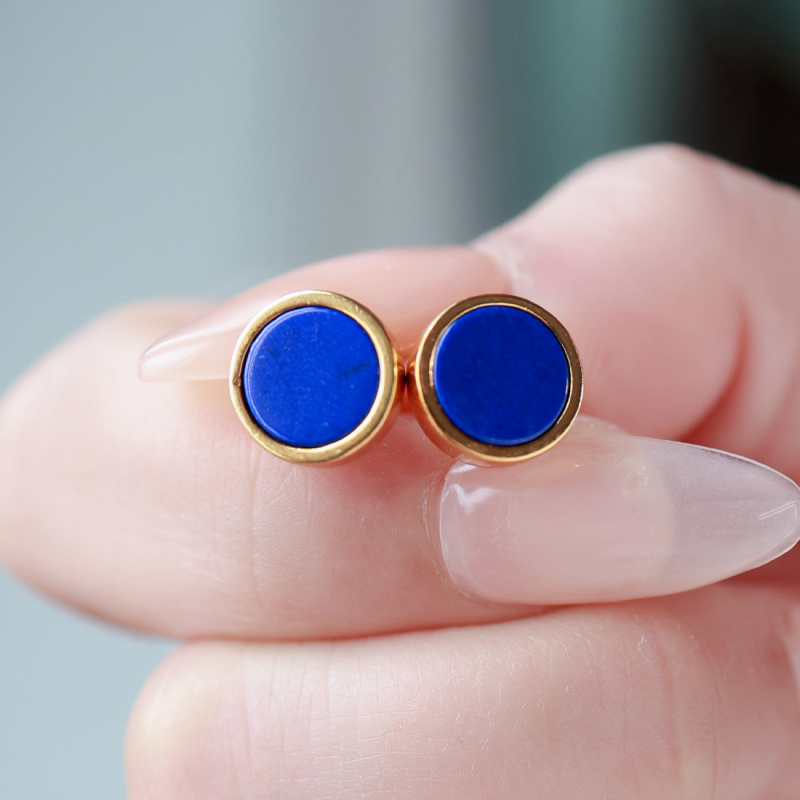 24K Gold Plated Lapis Lazuli Stud Earrings – Round Natural Blue Gemstone, Hypoallergenic Minimalist Geometric Jewelry for Women & Men with RTT Jewelry Box