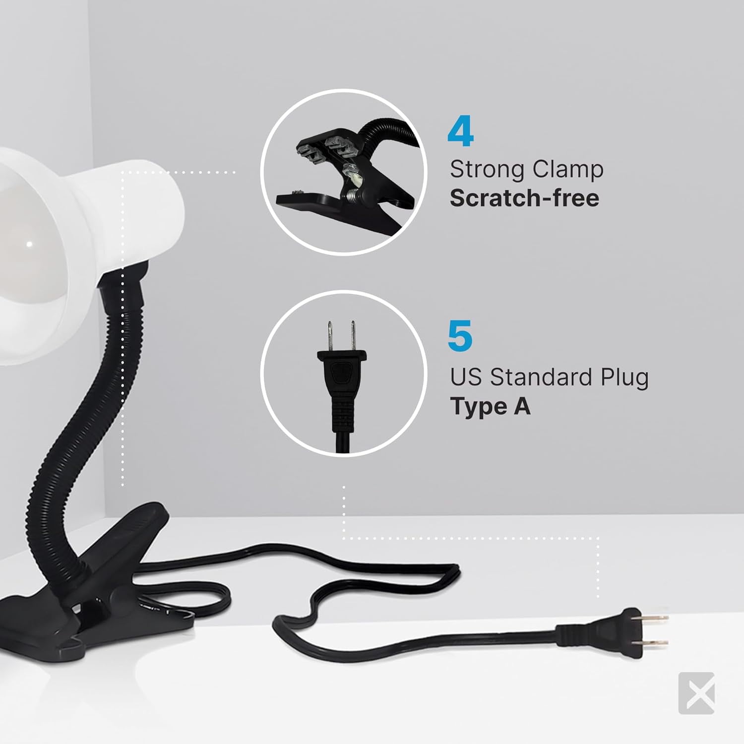 Xtricity Clip on Desk Lamp with 6W A19 LED Bulb Included, 120 Volt, 10.25 Inches, White (2 Pack)