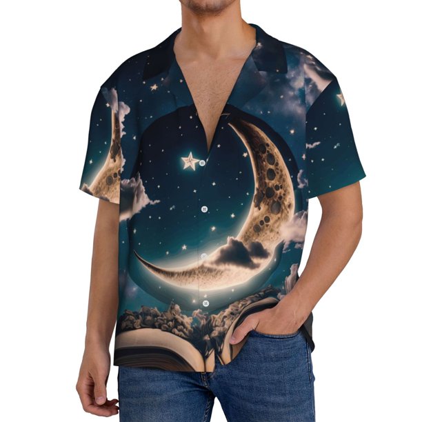 Balery Artistic Starry Sky Moon Book Camisa Casual de Manga Corta con Botones para Hombre, Texturizada, Estilo Cubano, para Playa, Verano-3X-Large