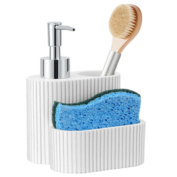 Shinowa Soap Dispenser with Sponge Holder, Marble Look Liquid Hand and Dish Soap Dispenser and Sponge Caddy with Brush Holder, 3 in 1 Countertop Organizer for Kitchen Sink and Bathroom