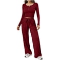 thumbnail image 1 of OIOLOYJM Two Piece Sets for Women Flowy Dressy Lounge Set Fashion Long Sleeve Cropped Tops Wide Leg Drawstring Pants Casual Outfits Spring Summer Vacation Travel Tracksuit Wine L, 1 of 4