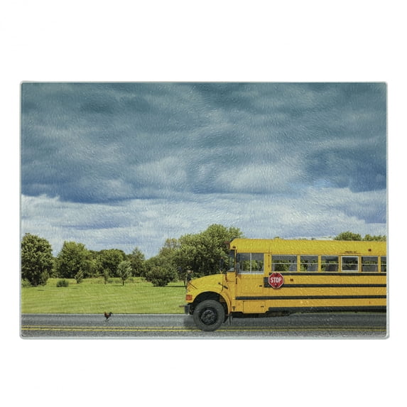School Bus Cutting Board, Proceeding Country Road in the Morning Outdoors Clouds and Greenery Transport, Decorative Tempered Glass Cutting and Serving Board, in 3 Sizes, by Ambesonne