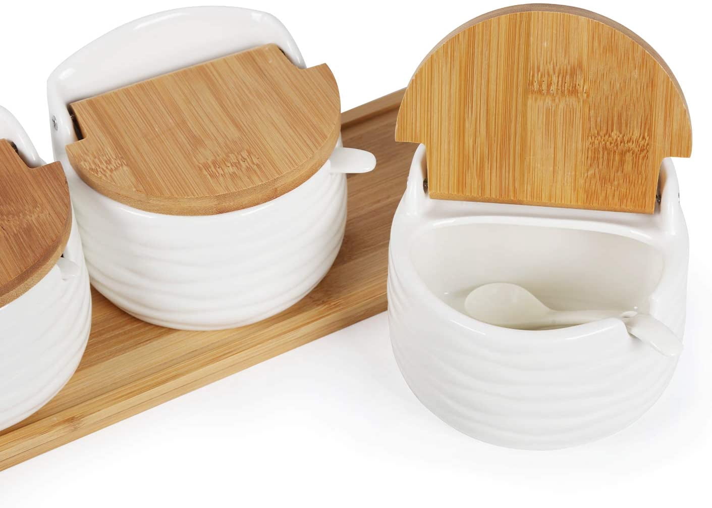 NEX White Ceramic Sugar Bowls, Set of 3 with Bamboo Lids and Spoon