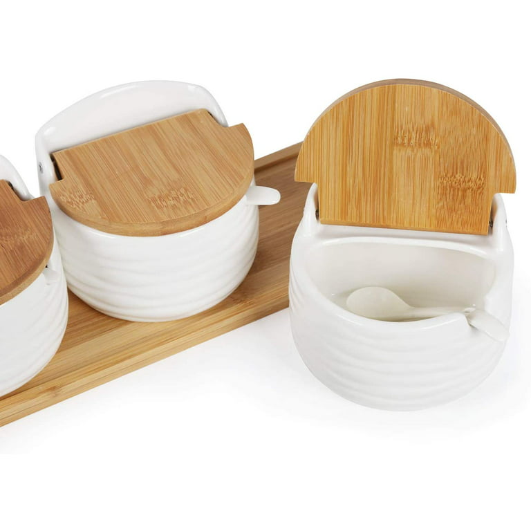 White Ceramic Condiment Snack Bowl Set with Glass Lids and Bamboo Serv –  MyGift