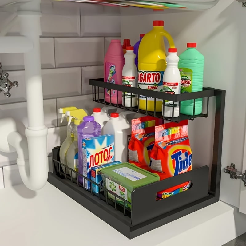 2 Pack Under Sink Organizer Pull Out, 2 Tier Slide Out Cabinet Storage Shelf for Kitchen Bathroom Sink Cabinet