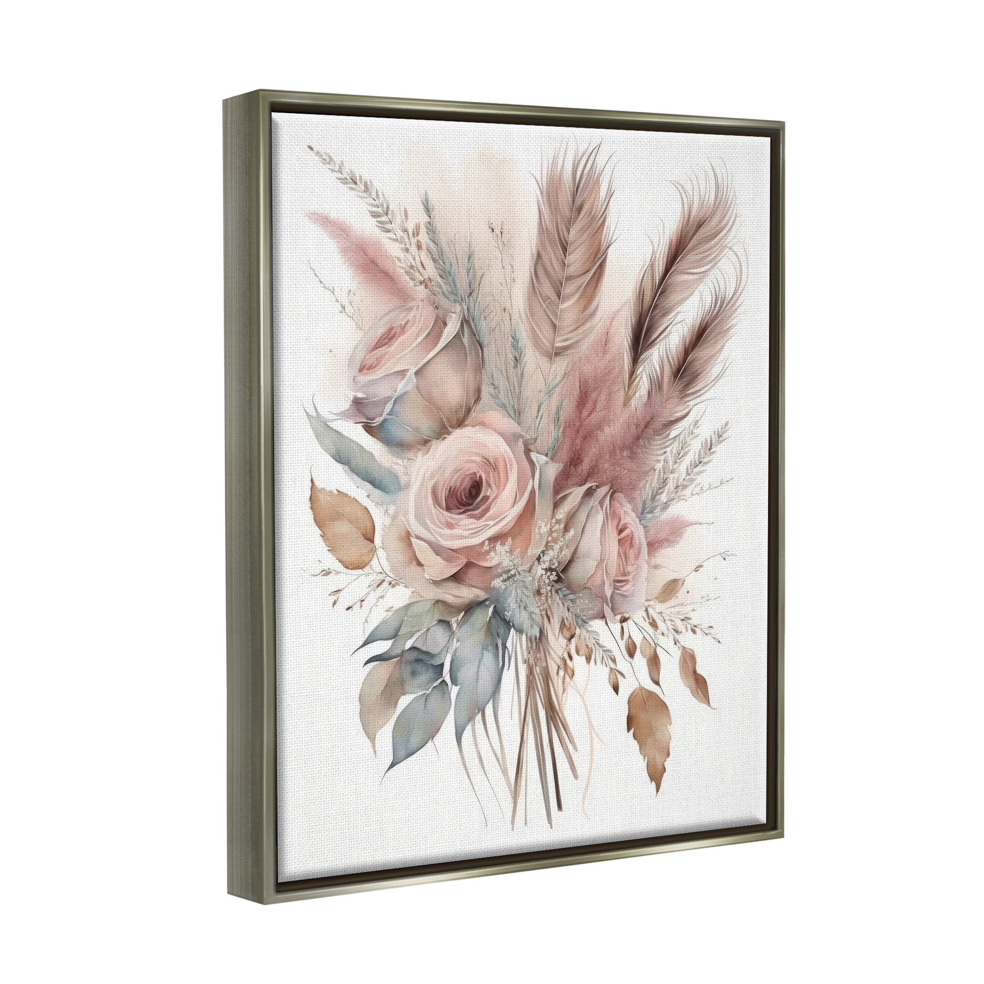 Stupell Industries Soft Pink Rose Bundle Botanical & Floral Painting Gray Floater Framed Canvas Art Print Wall Art, 25 x 31