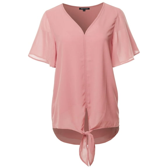 FashionOutfit Women's Solid Double Layer Chiffon Front Tie V-Neck Top