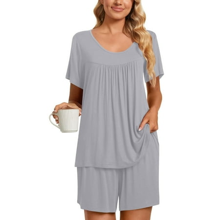 

JNGSA 2PC Women s Round Neck Shorts Sleeve Tunic + Shorts Two-piece Comfortable Home Pajamas Set Sports Set Gray 10