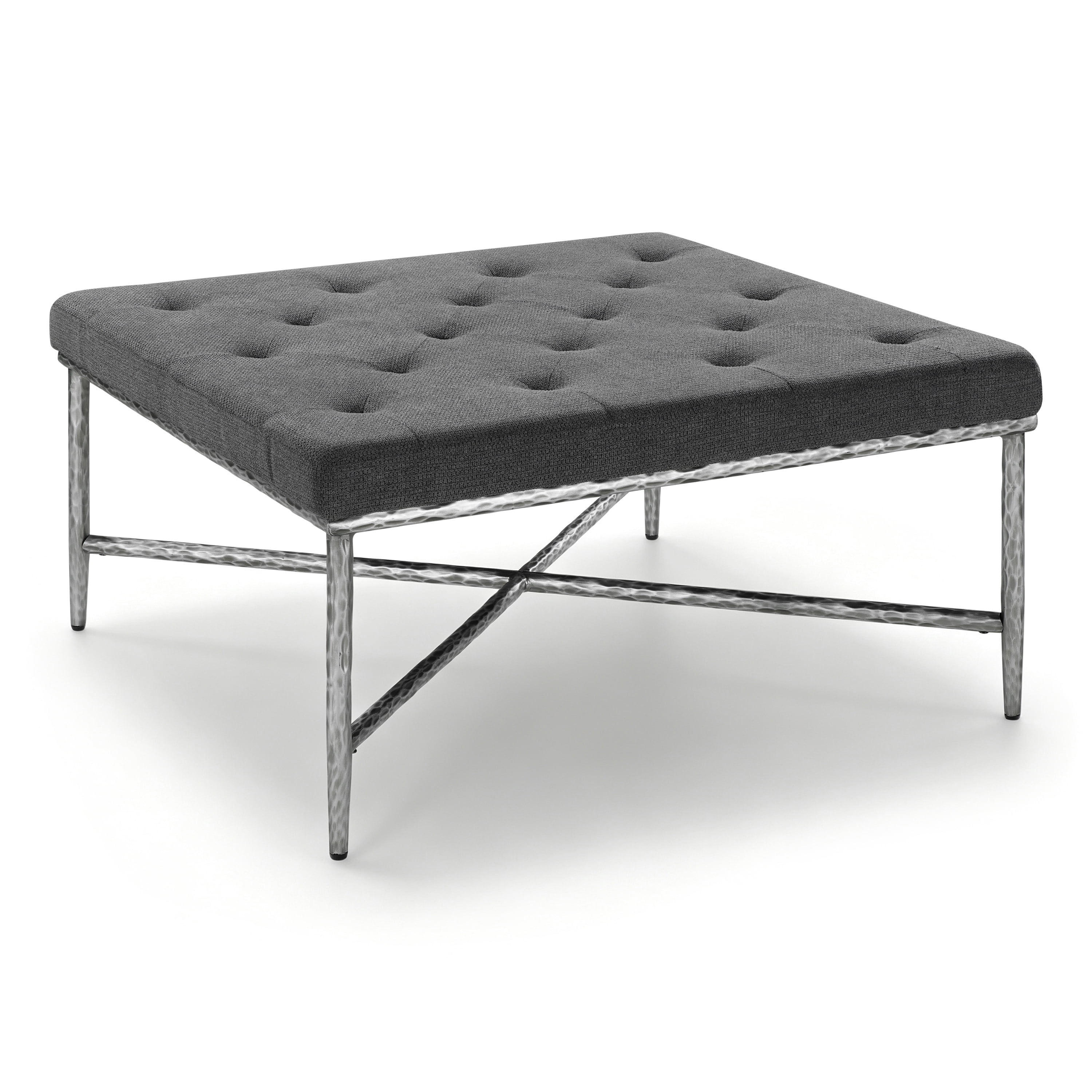 Euroco 36" Square Tufted Ottoman Coffee Table,Modern Upholstered Footstool Center Table with Hammered Metal Frame & X-Base for Living Room,Gray