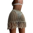 thumbnail image 4 of Women Knitted Sarongs Solid Color Hollow-Out See-Through Tassel Mini Beach Skirts Summer Drawstring Slit Swimsuit Cover-Ups, 4 of 6