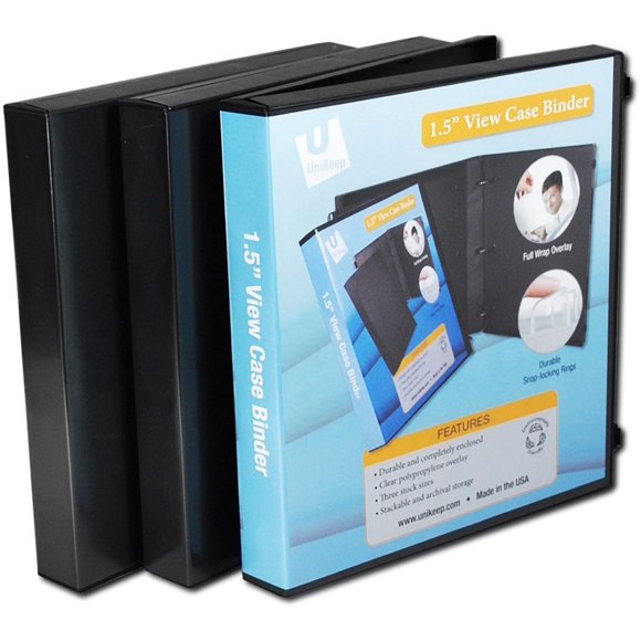 UniKeep 3 Ring View Binder - Binder Case is Fully Enclosed - Available in White, Clear, or Black and in Various Spine Widths (Pack of 3, Black, 1.5 Inch)