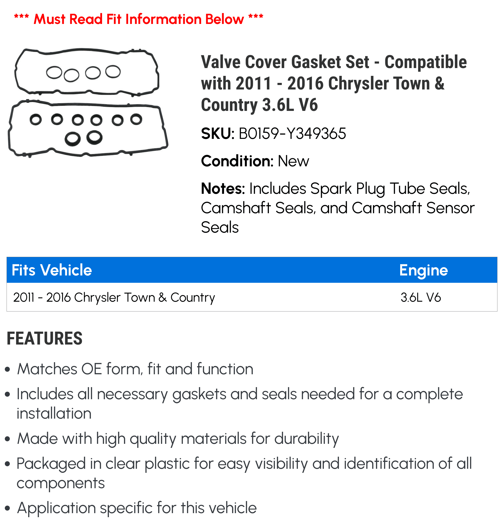 Valve Cover Gasket Set - Compatible with 2011 - 2016 Chrysler Town & Country 3.6L V6 - Beck Arnley