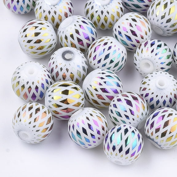 50pcs Electroplate Glass Beads Round with Rhombus Pattern Colorful 8~8.5mm Hole: 1.5mm